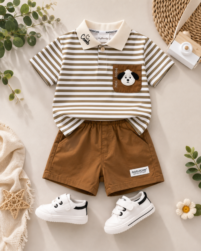 Cute Puppy Pocket Polo & Shorts Set