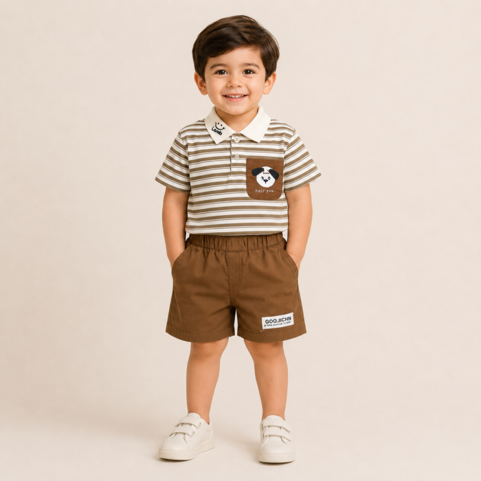Cute Puppy Pocket Polo & Shorts Set