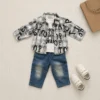 Graffiti Letter Plaid 3-Piece Set — Slogan Tee & Washed Denim Jeans