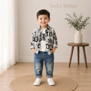 Graffiti Letter Plaid 3-Piece Set — Slogan Tee & Washed Denim Jeans