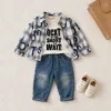 Letter Print Plaid Overshirt 3-Piece Set-Denim Jeans