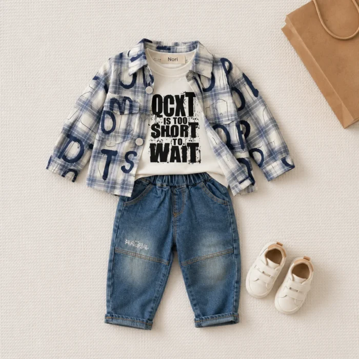 Letter Print Plaid Overshirt 3-Piece Set-Denim Jeans