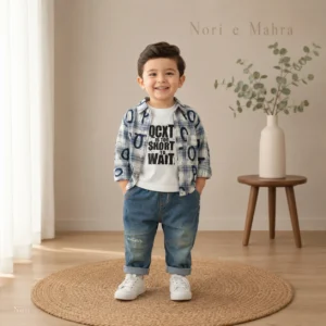 Letter Print Plaid Overshirt 3-Piece Set-Denim Jeans