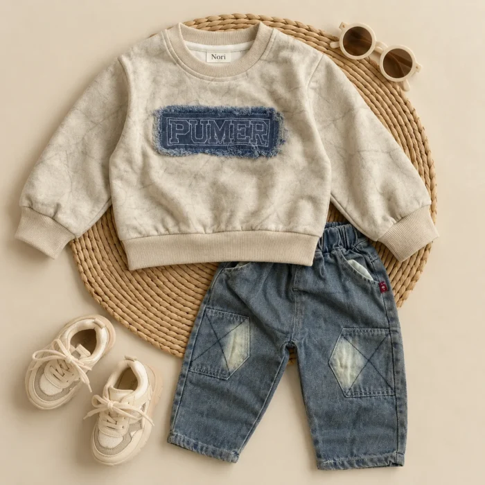 Boys Denim Patch Sweatshirt & Cargo Jeans Set