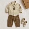 Boys Cable Knit Vest 3-Piece Set — Plain Shirt & Brown Cargo Jogger Pants