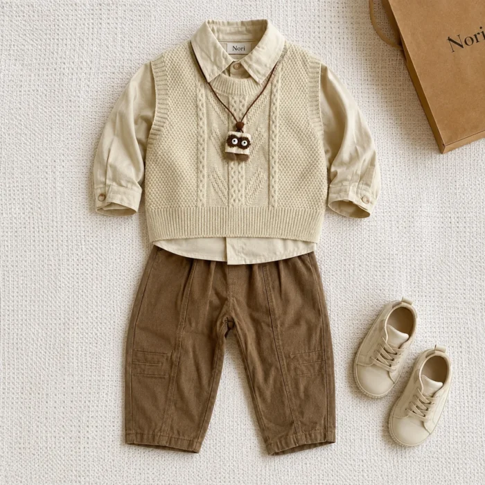 Boys Cable Knit Vest 3-Piece Set — Plain Shirt & Brown Cargo Jogger Pants