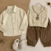 Boys Cable Knit Vest 3-Piece Set — Plain Shirt & Brown Cargo Jogger Pants