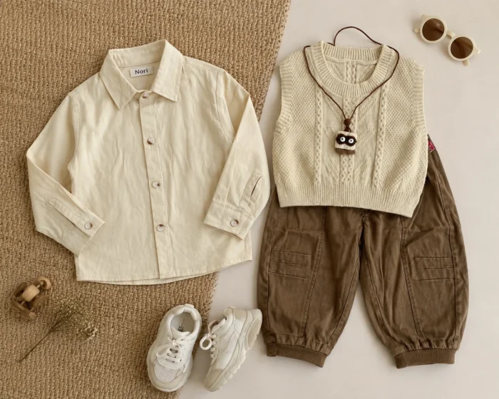 Boys Cable Knit Vest 3-Piece Set — Plain Shirt & Brown Cargo Jogger Pants