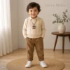 Boys Cable Knit Vest 3-Piece Set — Plain Shirt & Brown Cargo Jogger Pants