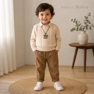 Boys Cable Knit Vest 3-Piece Set — Plain Shirt & Brown Cargo Jogger Pants