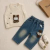 Boys Bear Applique Knit Vest 3-Piece Set — Stripe Shirt & Washed Denim Jeans