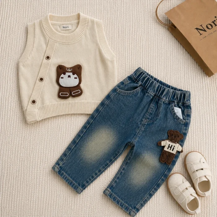 Boys Bear Applique Knit Vest 3-Piece Set — Stripe Shirt & Washed Denim Jeans