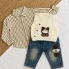 Boys Bear Applique Knit Vest 3-Piece Set — Stripe Shirt & Washed Denim Jeans
