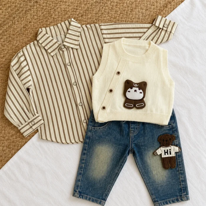 Boys Bear Applique Knit Vest 3-Piece Set — Stripe Shirt & Washed Denim Jeans