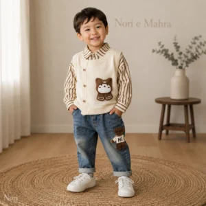Boys Bear Applique Knit Vest 3-Piece Set — Stripe Shirt & Washed Denim Jeans