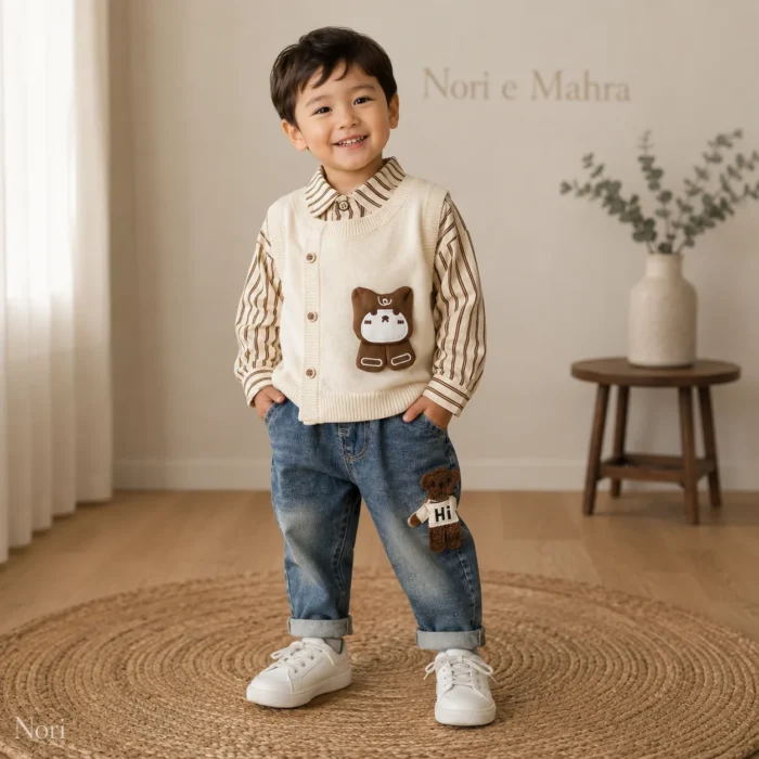 Boys Bear Applique Knit Vest 3-Piece Set — Stripe Shirt & Washed Denim Jeans
