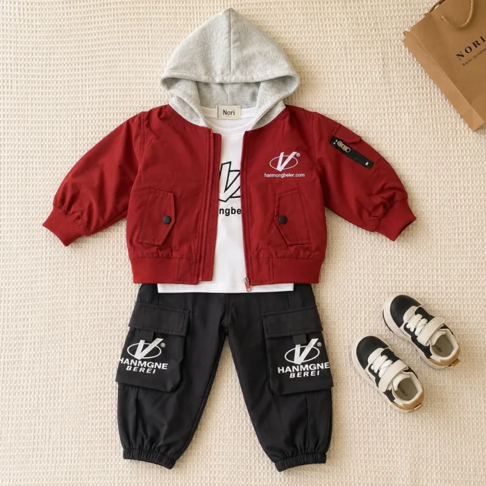 Color Block Hooded Bomber Jacket 3-Piece Set-Cargo Pants | Lemon · Maroon · Black