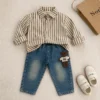 Boys Bear Applique Knit Vest 3-Piece Set — Stripe Shirt & Washed Denim Jeans