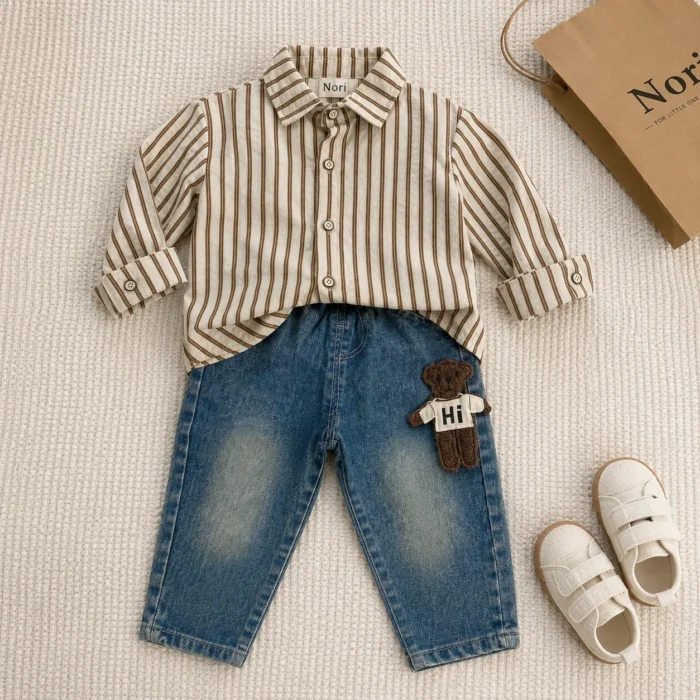 Boys Bear Applique Knit Vest 3-Piece Set — Stripe Shirt & Washed Denim Jeans