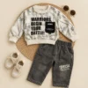 Boys Slogan Print Sweatshirt & Washed Denim Jeans Set