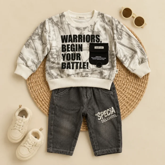 Boys Slogan Print Sweatshirt & Washed Denim Jeans Set