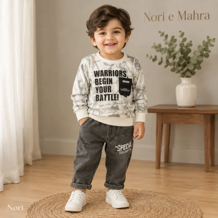 Boys Slogan Print Sweatshirt & Washed Denim Jeans Set