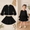 Girls Cable Knit Feather Trim Cardigan 2-Piece Set-Pleated Skirt | Black · Pink