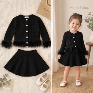 Girls Cable Knit Feather Trim Cardigan 2-Piece Set-Pleated Skirt | Black · Pink