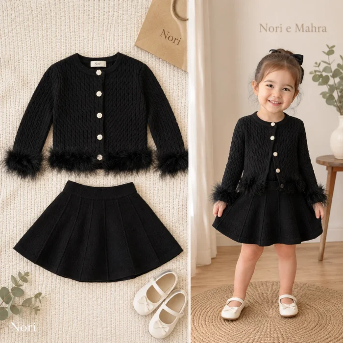 Girls Cable Knit Feather Trim Cardigan 2-Piece Set-Pleated Skirt | Black · Pink