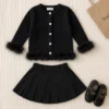 Girls Cable Knit Feather Trim Cardigan 2-Piece Set-Pleated Skirt | Black · Pink