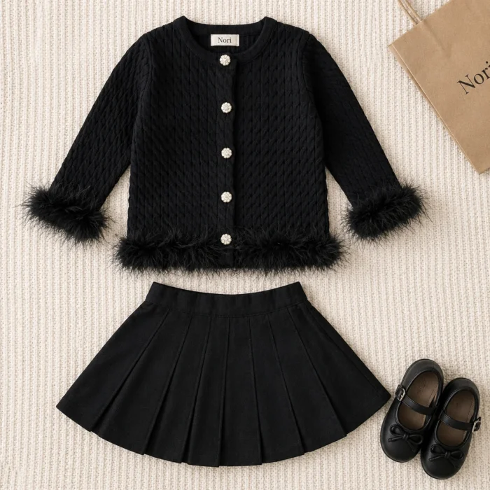 Girls Cable Knit Feather Trim Cardigan 2-Piece Set-Pleated Skirt | Black · Pink