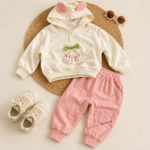 Girls Bunny Ear Hood Velour Hoodie 2-Piece Set