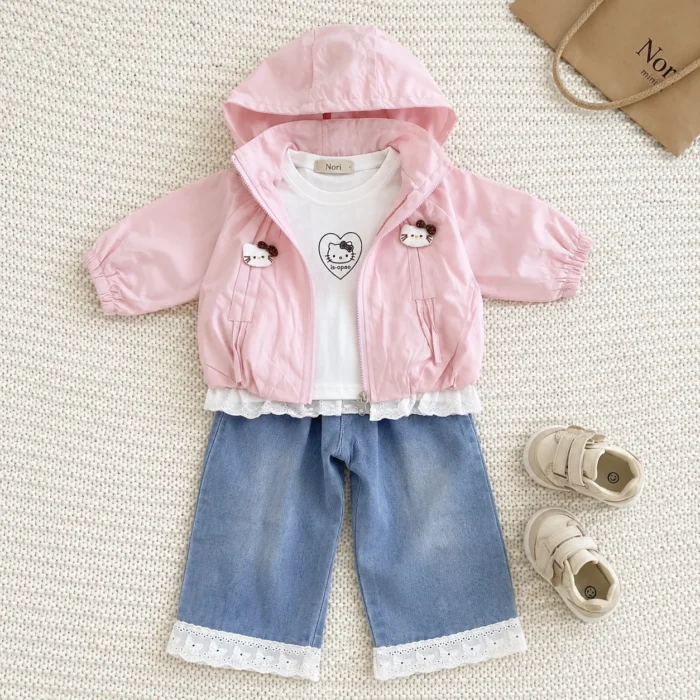 Baby Girls Kitty Applique Hooded Windbreaker 3-Piece Set
