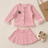 Girls Cable Knit Feather Trim Cardigan 2-Piece Set-Pleated Skirt | Black · Pink