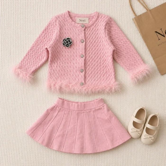 Girls Cable Knit Feather Trim Cardigan 2-Piece Set-Pleated Skirt | Black · Pink