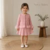 Girls Cable Knit Feather Trim Cardigan 2-Piece Set-Pleated Skirt | Black · Pink