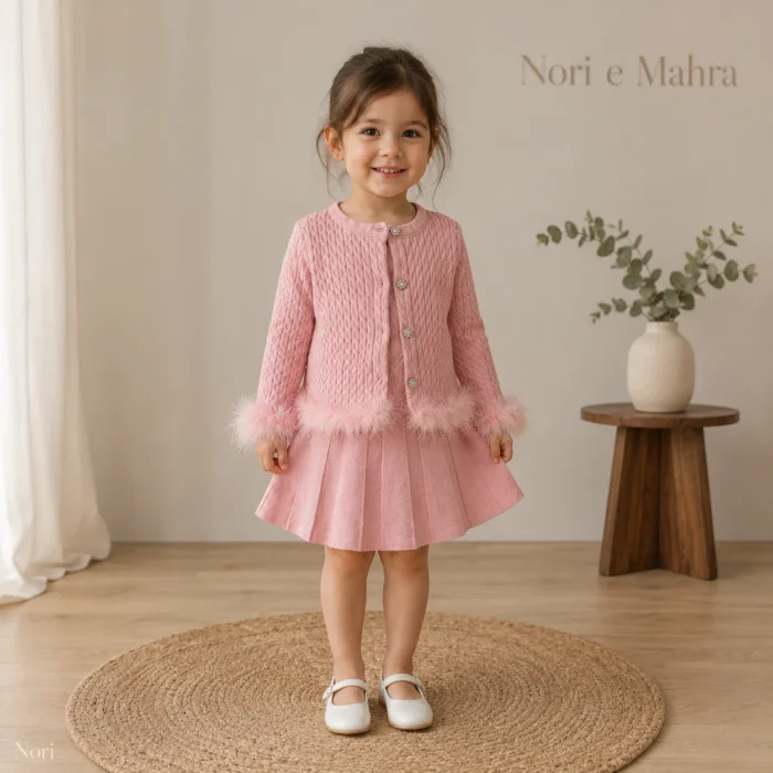 Girls Cable Knit Feather Trim Cardigan 2-Piece Set-Pleated Skirt | Black · Pink