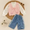 Girls Crochet Flower Knit Vest 3-Piece Set — Ruffle Blouse & Bow Detail Denim