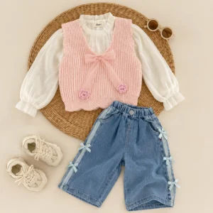 Girls Crochet Flower Knit Vest 3-Piece Set — Ruffle Blouse & Bow Detail Denim