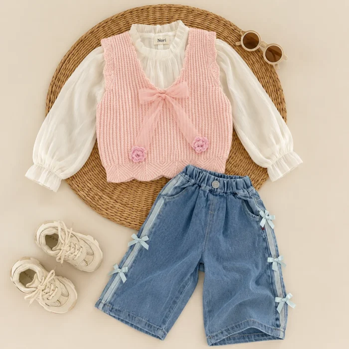 Girls Crochet Flower Knit Vest 3-Piece Set — Ruffle Blouse & Bow Detail Denim