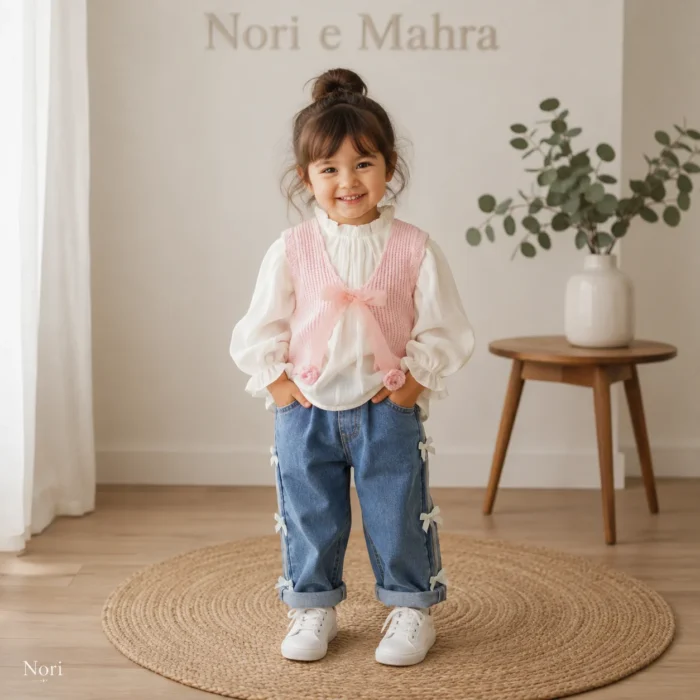Girls Crochet Flower Knit Vest 3-Piece Set — Ruffle Blouse & Bow Detail Denim