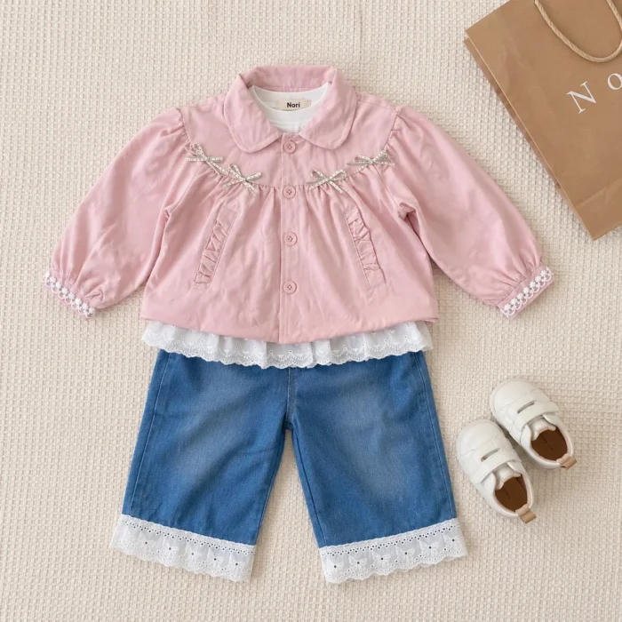 Girls Embroidered Peter Pan Collar Jacket 3-Piece Set | Pink · Yellow