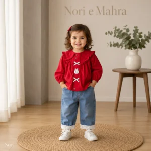 Bunny Applique Ruffle Collar Blouse - Wide-Leg Denim Jeans | Red · Green