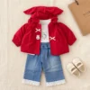 Bunny Applique Ruffle Collar Blouse - Wide-Leg Denim Jeans | Red · Green