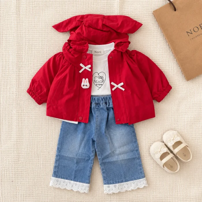 Bunny Applique Ruffle Collar Blouse - Wide-Leg Denim Jeans | Red · Green