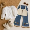 Girls Pointelle Knit Vest 3-Piece Set — Puff Sleeve Top & Floral Embroidered Flare Jeansy24gy