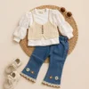 Girls Pointelle Knit Vest 3-Piece Set — Puff Sleeve Top & Floral Embroidered Flare Jeansy24gy