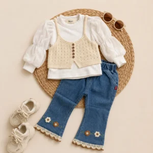Girls Pointelle Knit Vest 3-Piece Set — Puff Sleeve Top & Floral Embroidered Flare Jeansy24gy
