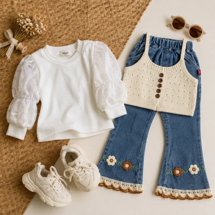 Girls Pointelle Knit Vest 3-Piece Set — Puff Sleeve Top & Floral Embroidered Flare Jeansy24gy