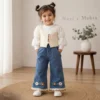 Girls Pointelle Knit Vest 3-Piece Set — Puff Sleeve Top & Floral Embroidered Flare Jeansy24gy